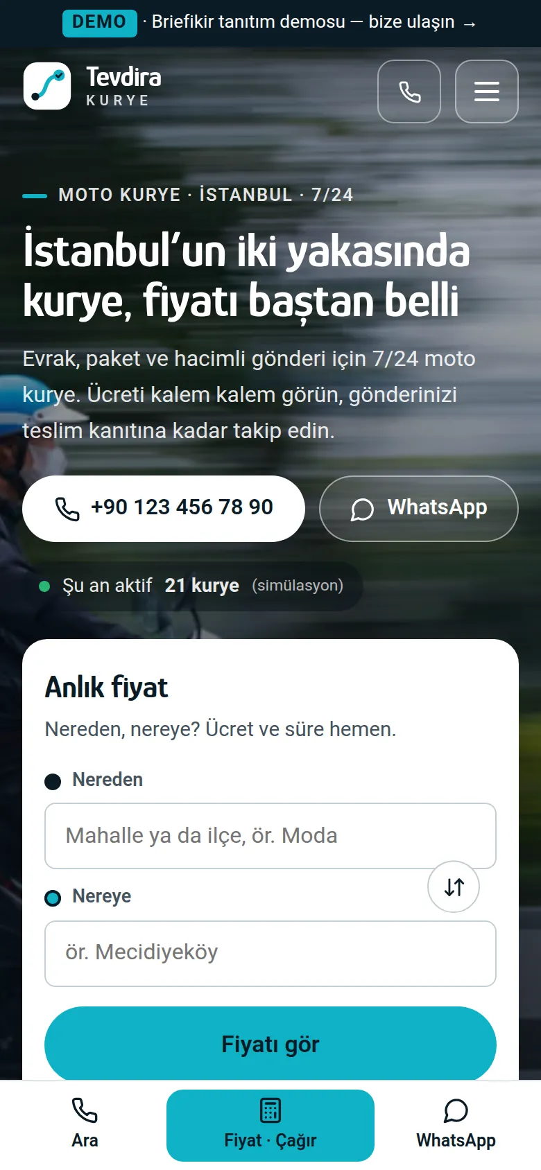 Moto Kurye Web Sitesi + Kurye Operasyon Yazılımı — mobil görünüm