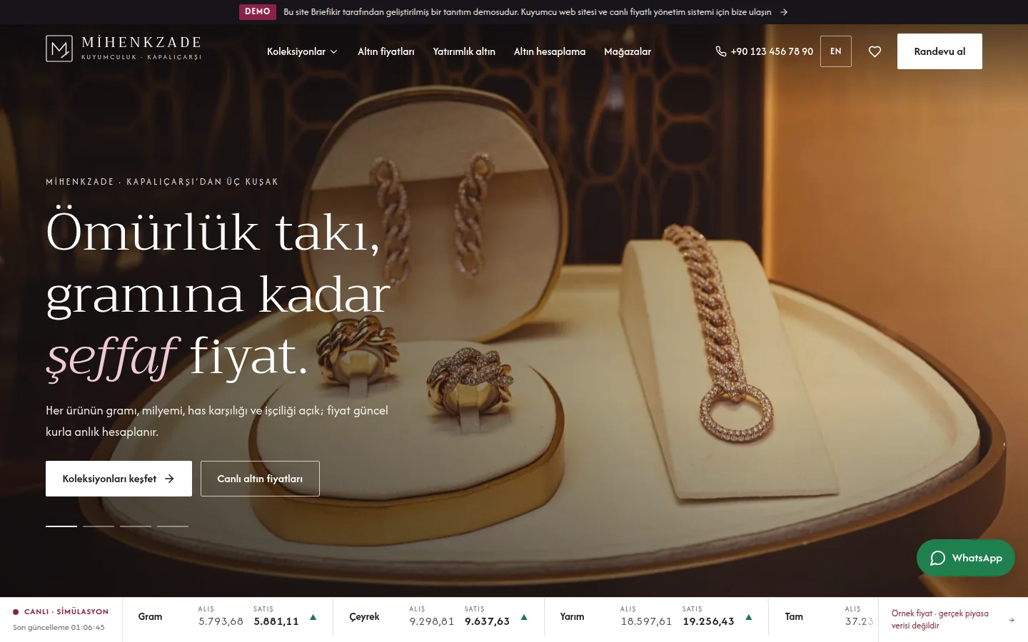 Kuyumcu Yönetim Sistemi ve Web Sitesi — Demo — masaüstü görünüm