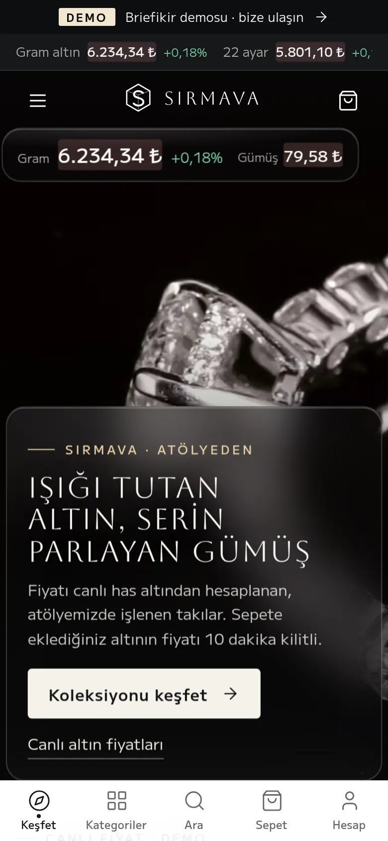 Kuyumcu E-Ticaret Yazılımı + Mağaza Yönetim Paneli — mobil görünüm