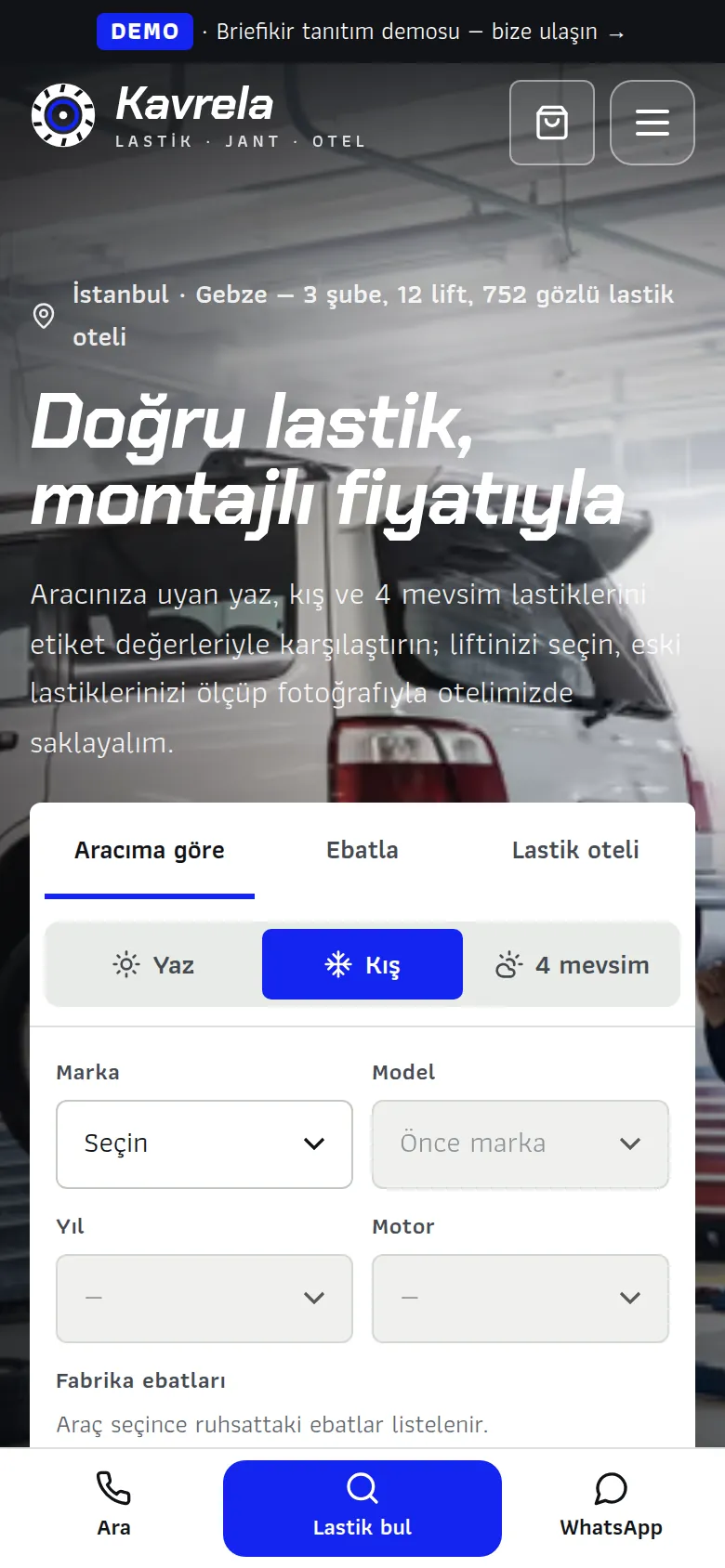 Lastikçi Web Sitesi + Lastik Oteli ve Servis Yönetim Yazılımı — mobil görünüm