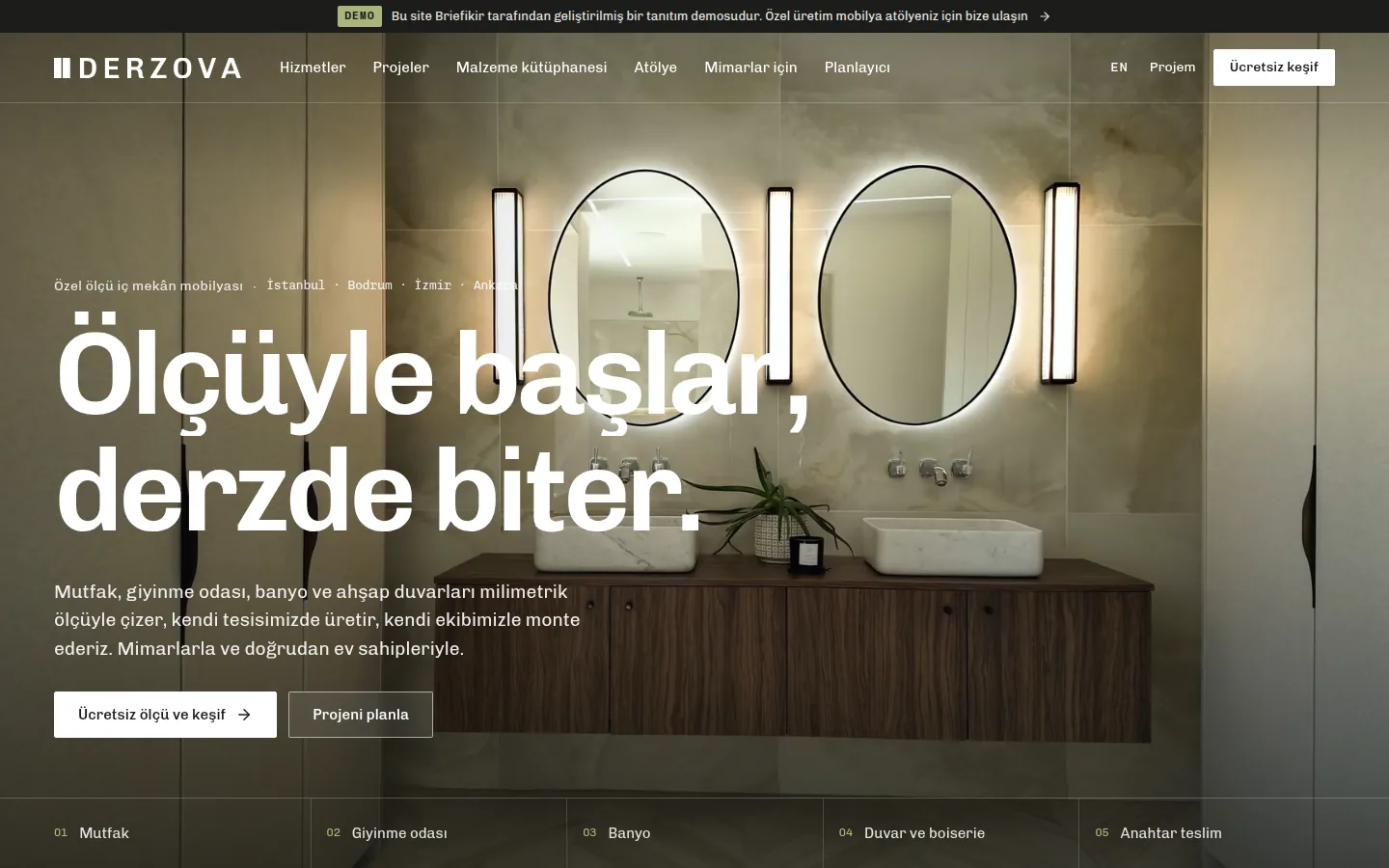 Özel Üretim Mobilya Sitesi ve Atölye Yazılımı — Demo — masaüstü görünüm