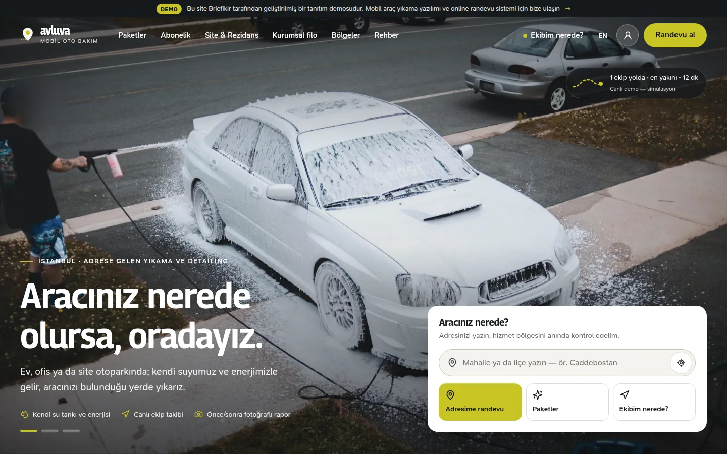 Mobil Araç Yıkama Yazılımı ve Web Sitesi — Demo — masaüstü görünüm