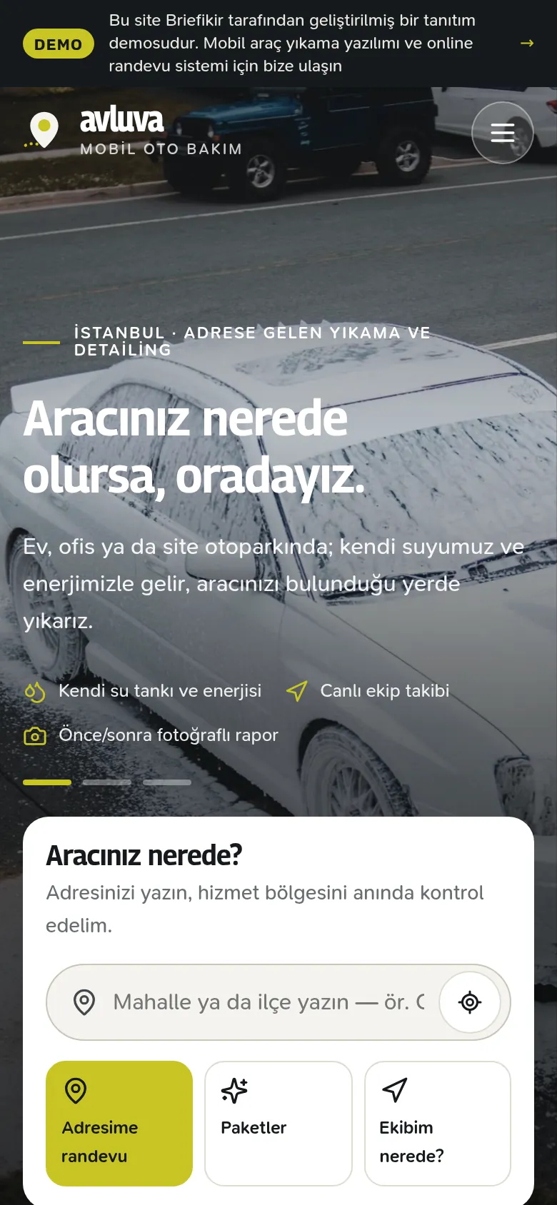 Mobil Araç Yıkama Yazılımı ve Web Sitesi — Demo — mobil görünüm