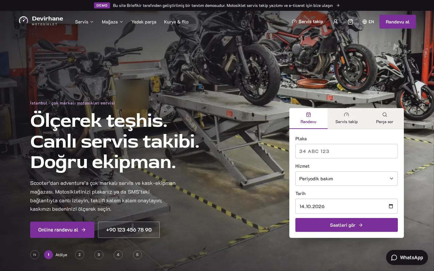Motosiklet Servis Yazılımı ve Web Sitesi — Demo — masaüstü görünüm