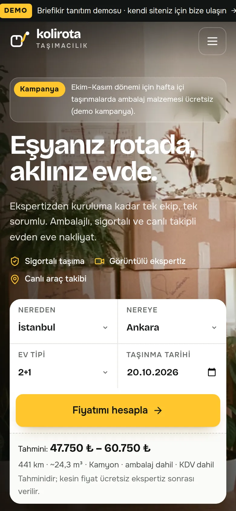 Nakliyat Firması Sitesi ve Operasyon Yazılımı — Demo — mobil görünüm