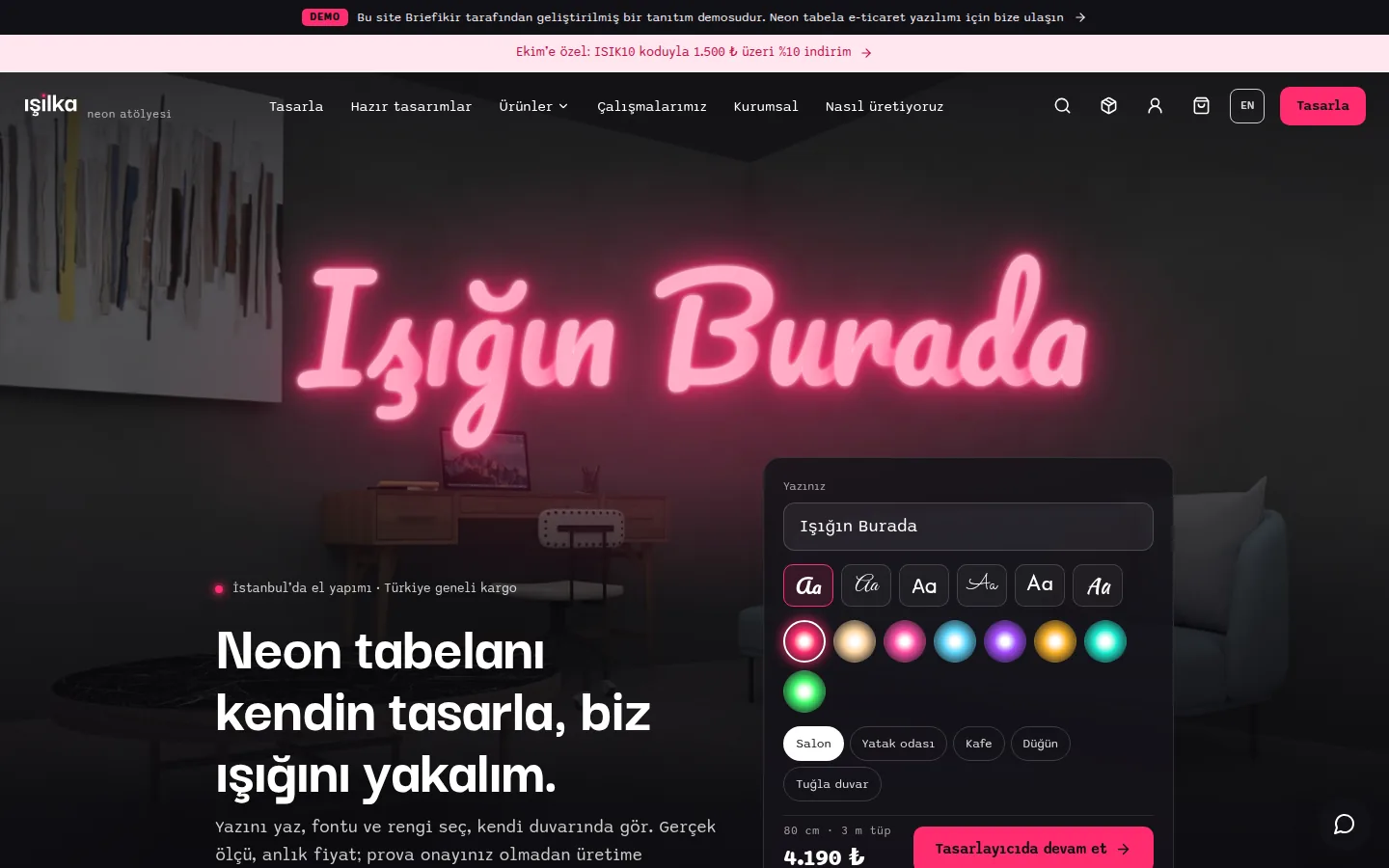 Neon Tabela E-Ticaret Sitesi ve Tasarım Aracı — Demo — masaüstü görünüm