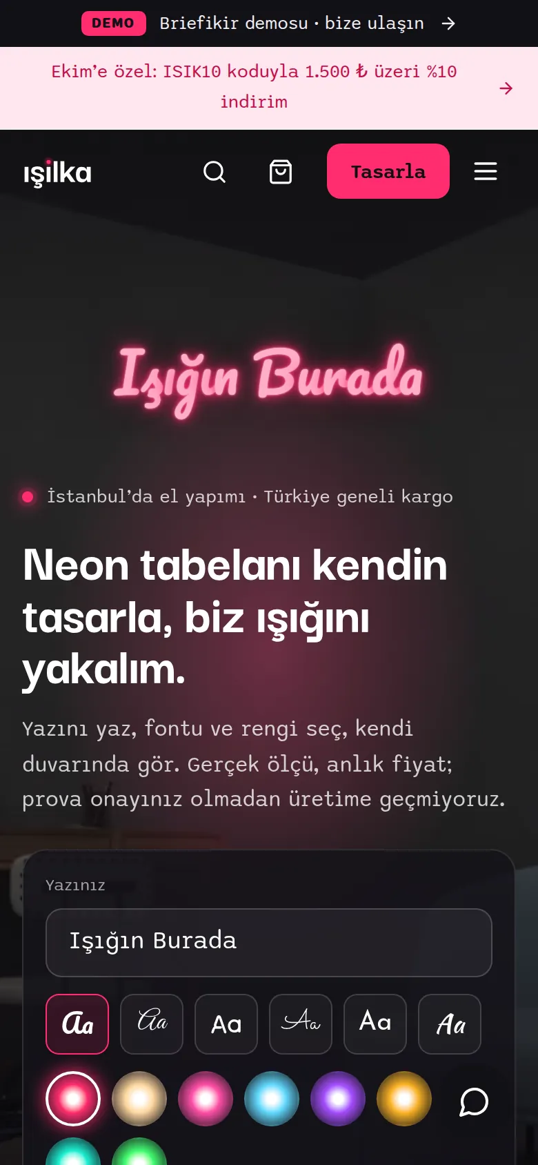 Neon Tabela E-Ticaret Sitesi ve Tasarım Aracı — Demo — mobil görünüm