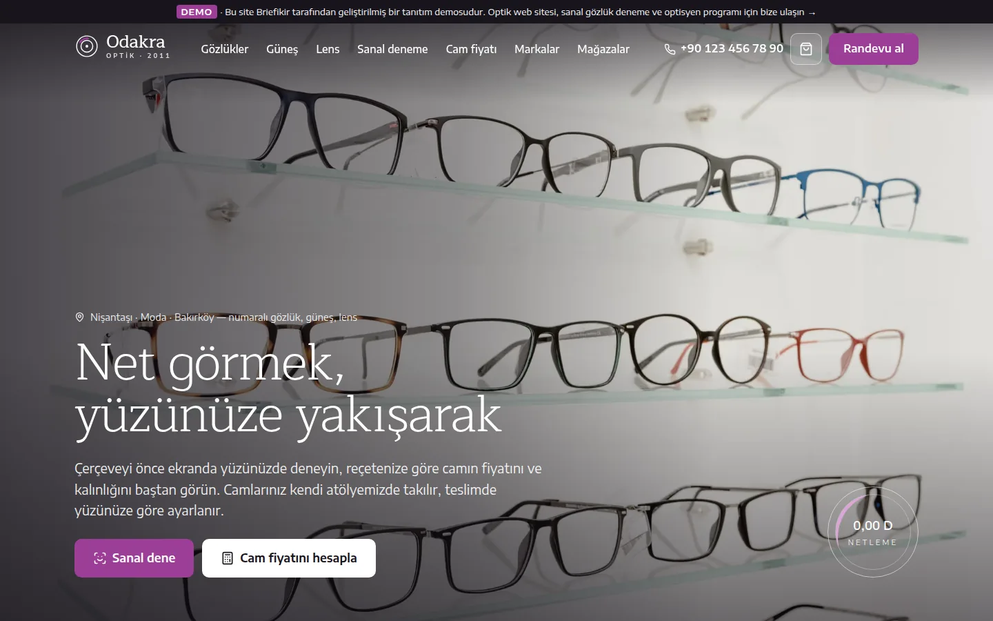 Optik Web Sitesi + Sanal Gözlük Deneme ve Optisyen Programı — masaüstü görünüm