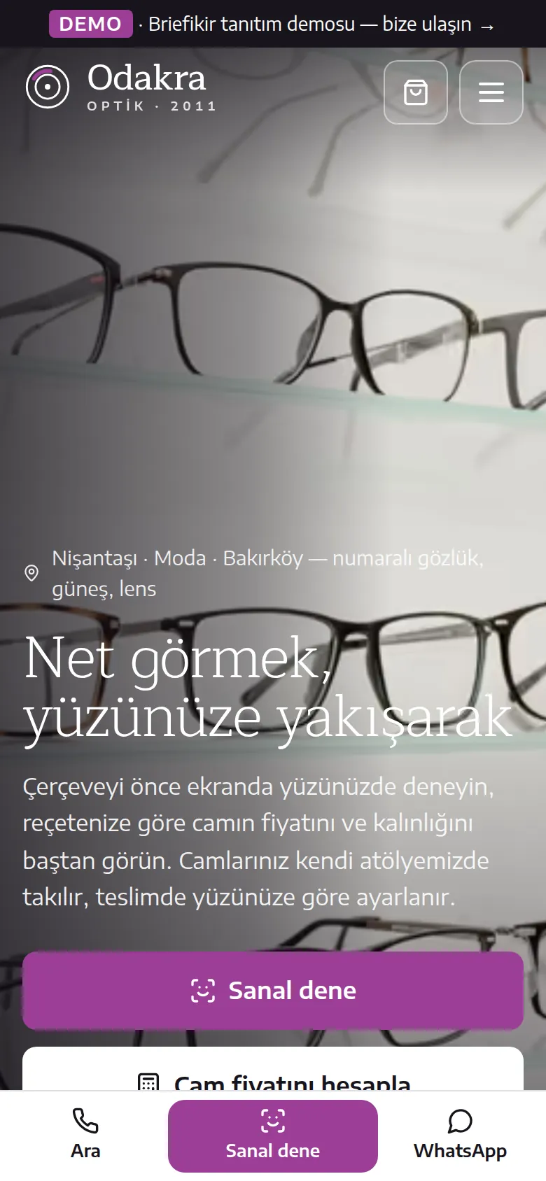 Optik Web Sitesi + Sanal Gözlük Deneme ve Optisyen Programı — mobil görünüm