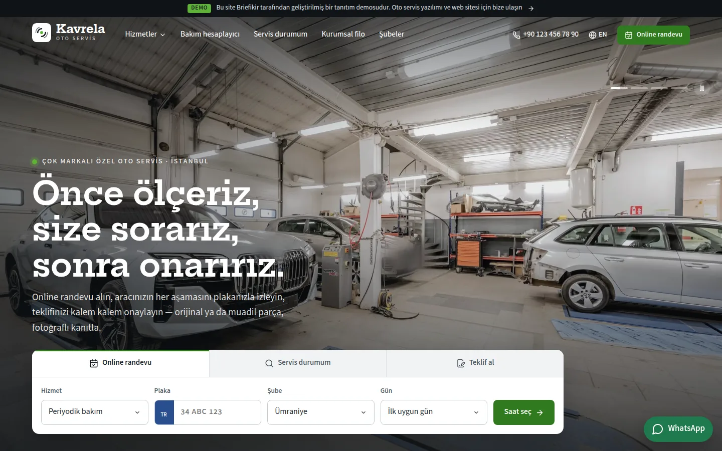 Oto Servis Yazılımı ve Kurumsal Web Sitesi — Demo — masaüstü görünüm