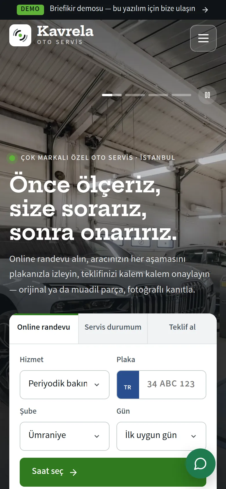 Oto Servis Yazılımı ve Kurumsal Web Sitesi — Demo — mobil görünüm