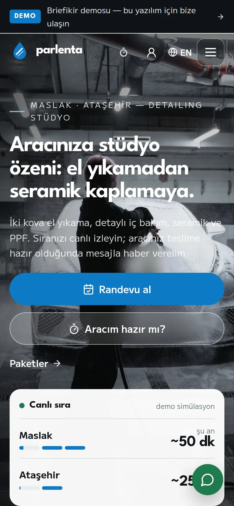 Oto Yıkama ve Detaylı Bakım Takip Yazılımı — Demo — mobil görünüm