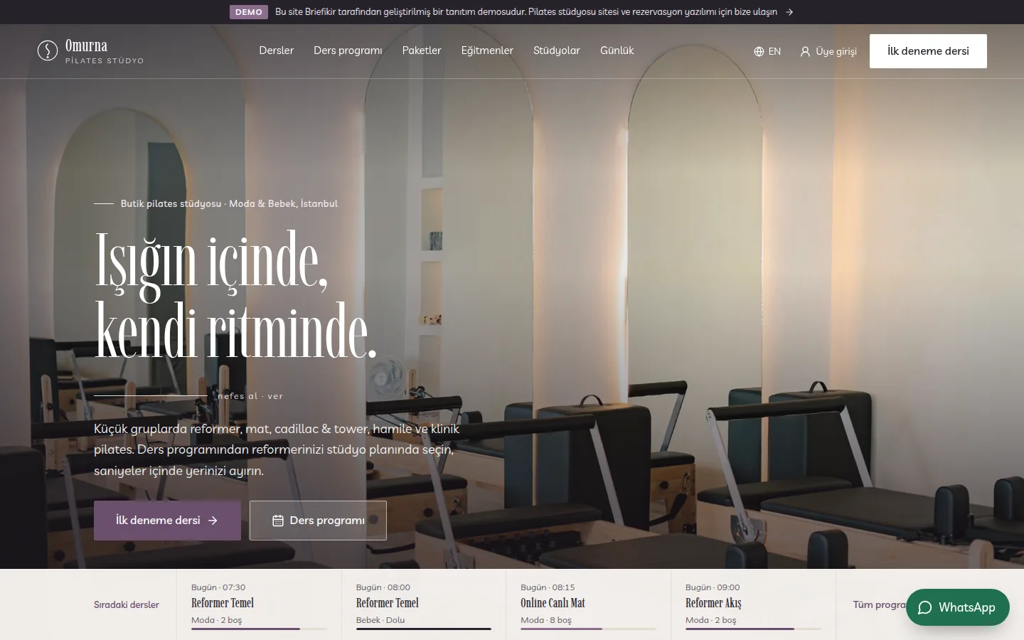Pilates Stüdyosu Web Sitesi ve Rezervasyon Yazılımı — Demo — masaüstü görünüm