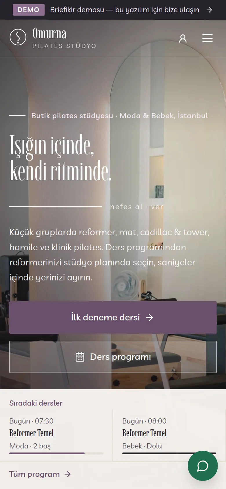 Pilates Stüdyosu Web Sitesi ve Rezervasyon Yazılımı — Demo — mobil görünüm