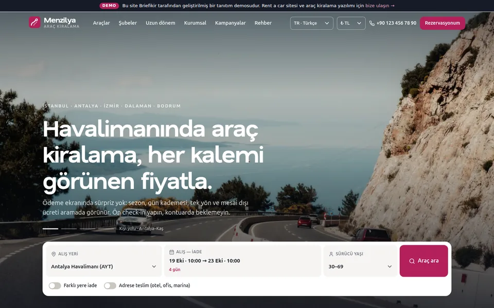 Rent a Car Sitesi ve Araç Kiralama Yazılımı — masaüstü görünüm