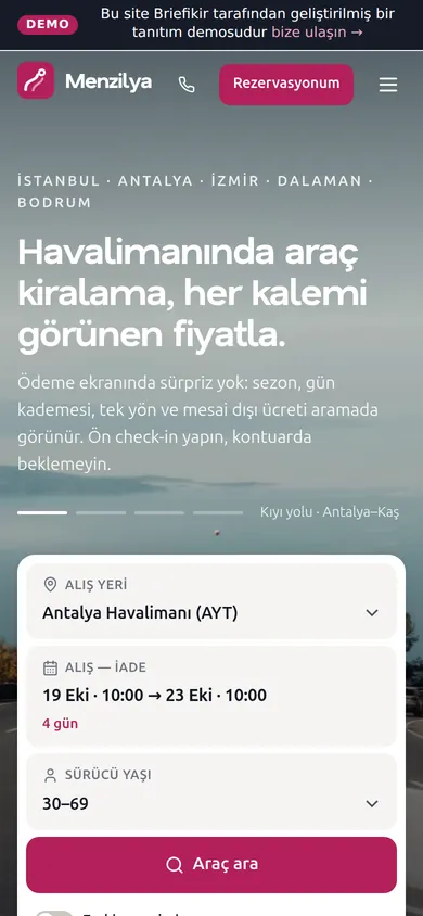 Rent a Car Sitesi ve Araç Kiralama Yazılımı — mobil görünüm