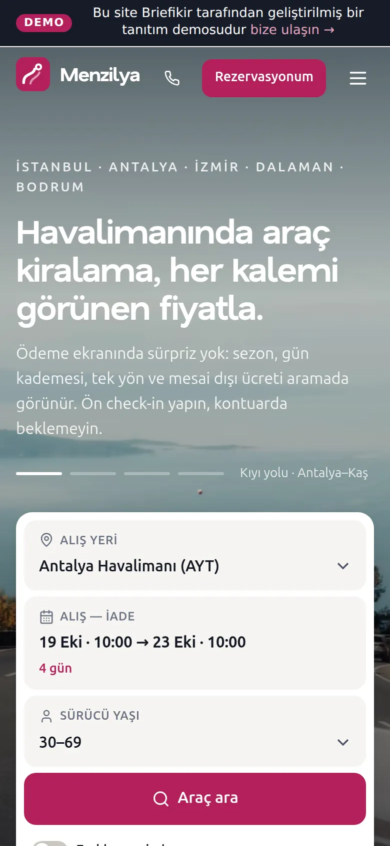 Rent a Car Sitesi ve Araç Kiralama Yazılımı — Demo — mobil görünüm