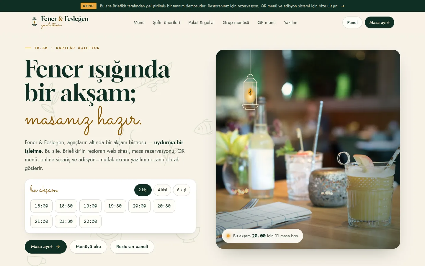 Restoran Rezervasyon ve QR Menü Sistemi — Demo — masaüstü görünüm