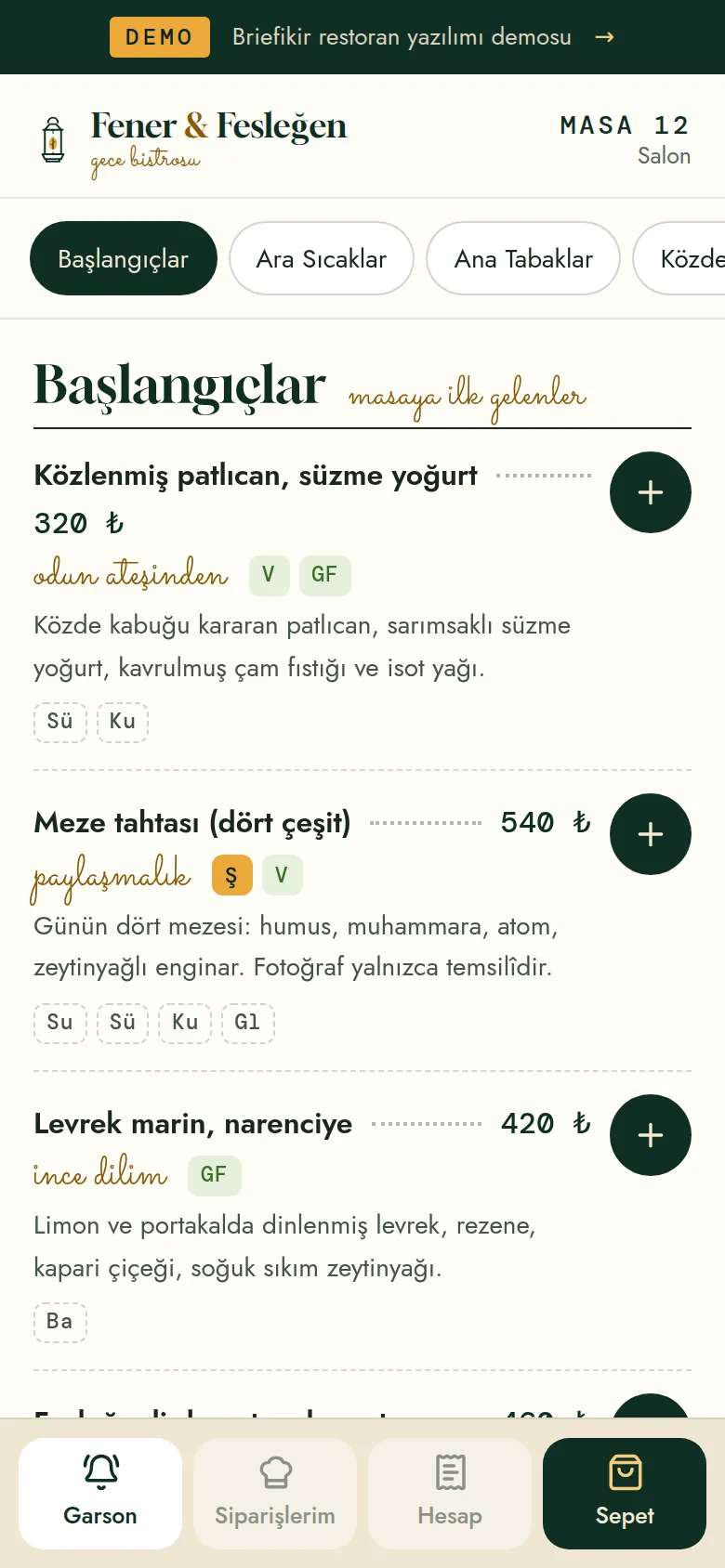 QR menü: masadan sipariş, garson çağır, hesap iste