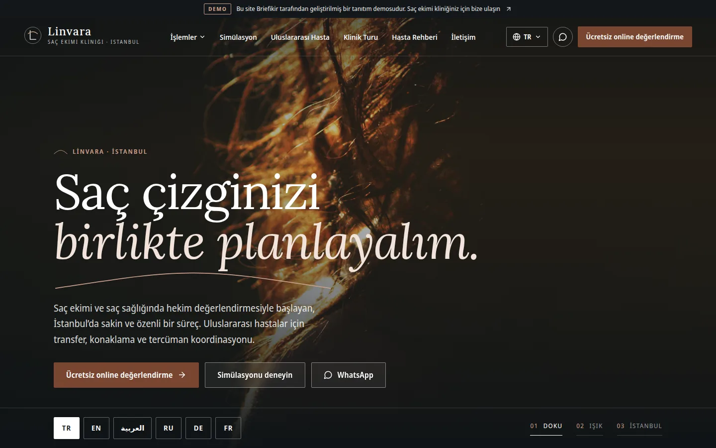 Saç Ekimi Kliniği Web Sitesi ve Simülasyon — Demo — masaüstü görünüm