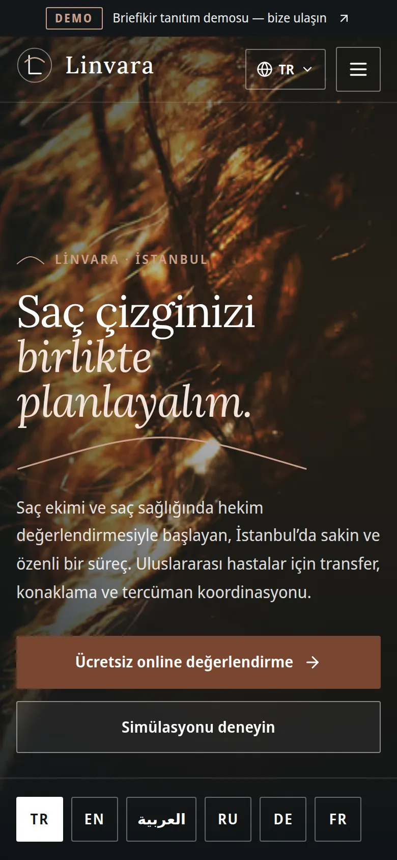 Saç Ekimi Kliniği Web Sitesi ve Simülasyon — Demo — mobil görünüm