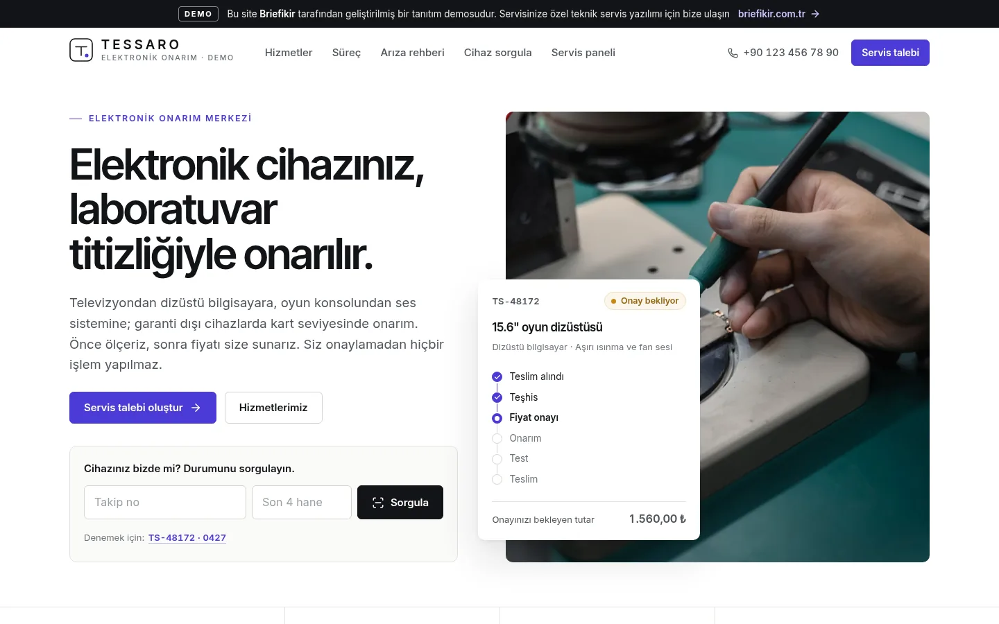 Elektronik Tamir Servisi Takip Programı — Demo — masaüstü görünüm