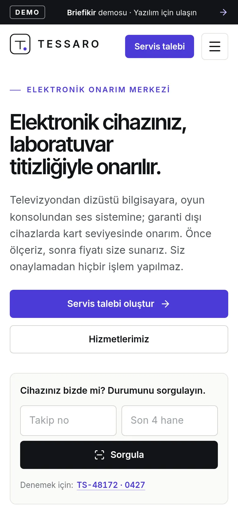 Elektronik Tamir Servisi Takip Programı — Demo — mobil görünüm