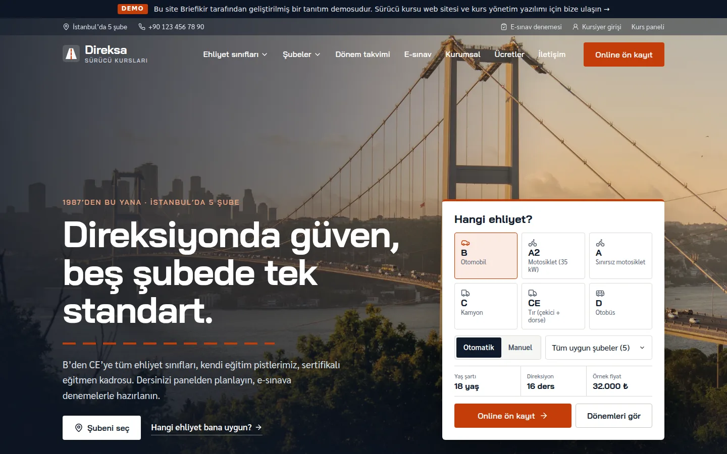 Sürücü Kursu Web Sitesi ve Kurs Yönetim Yazılımı — Demo — masaüstü görünüm