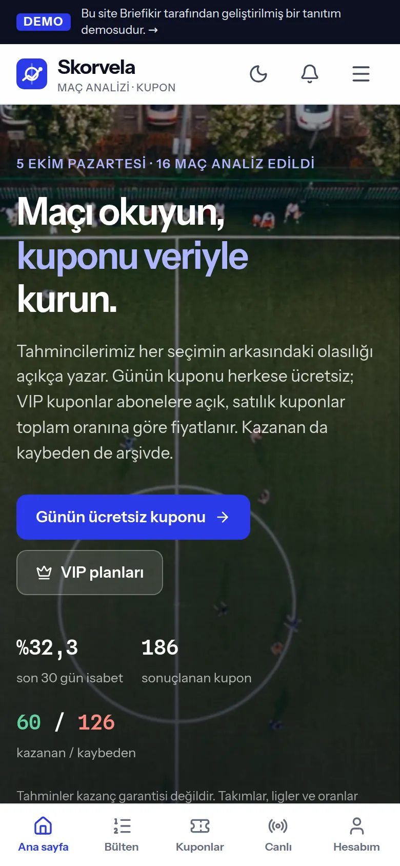 Spor Tahmin ve Kupon Sitesi Yazılımı — Demo — mobil görünüm