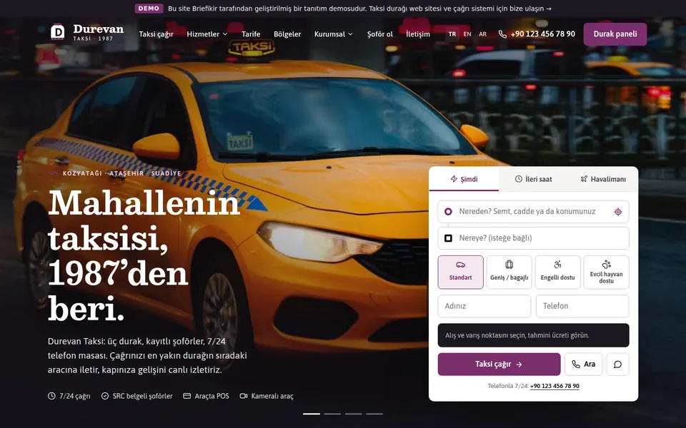 Taksi Durağı Kurumsal Web Sitesi ve Çağrı Sistemi — masaüstü görünüm