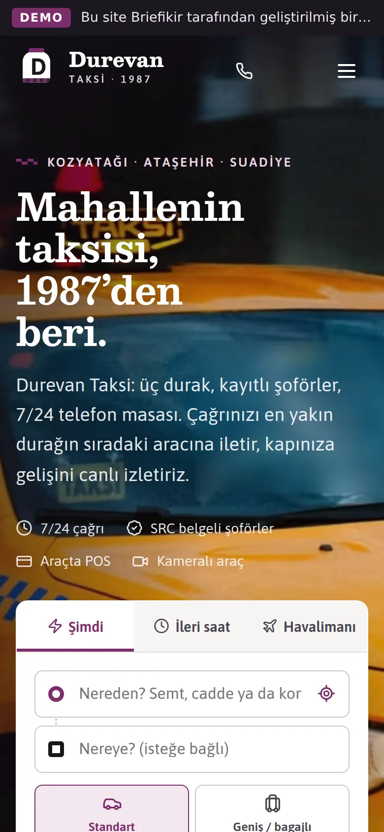 Taksi Durağı Kurumsal Web Sitesi ve Çağrı Sistemi — Demo — mobil görünüm