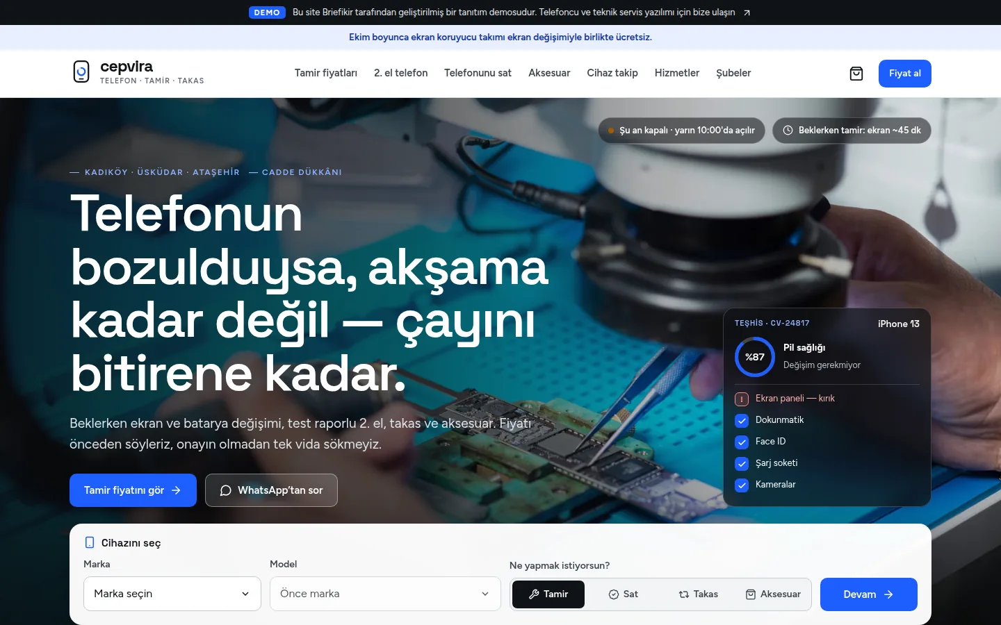 Telefoncu ve Cep Telefonu Tamir Servisi Web Sitesi + Dükkân Yönetim Paneli — masaüstü görünüm