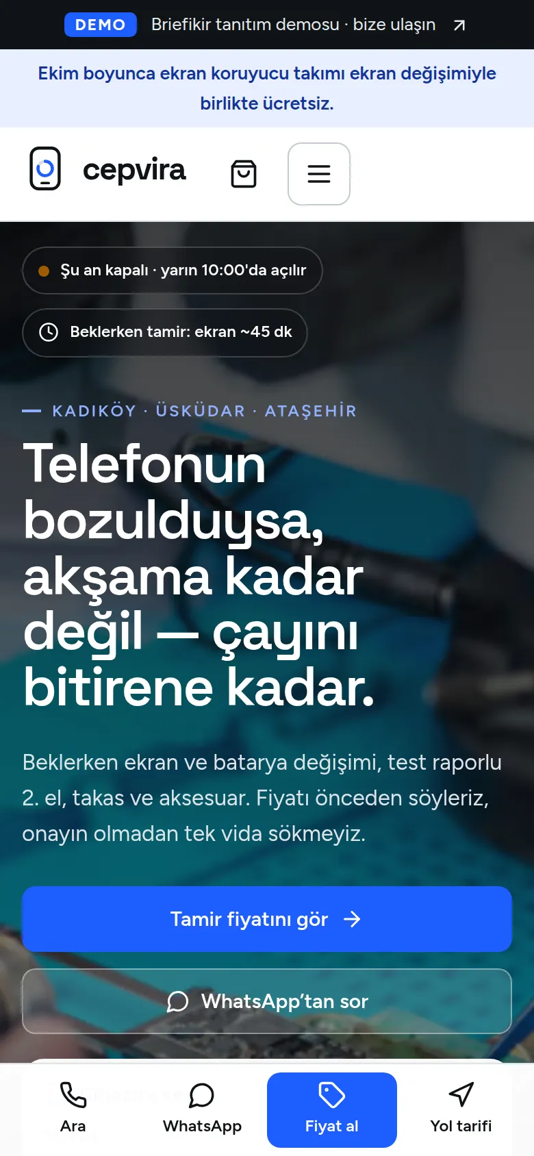 Telefoncu ve Cep Telefonu Tamir Servisi Web Sitesi + Dükkân Yönetim Paneli — mobil görünüm