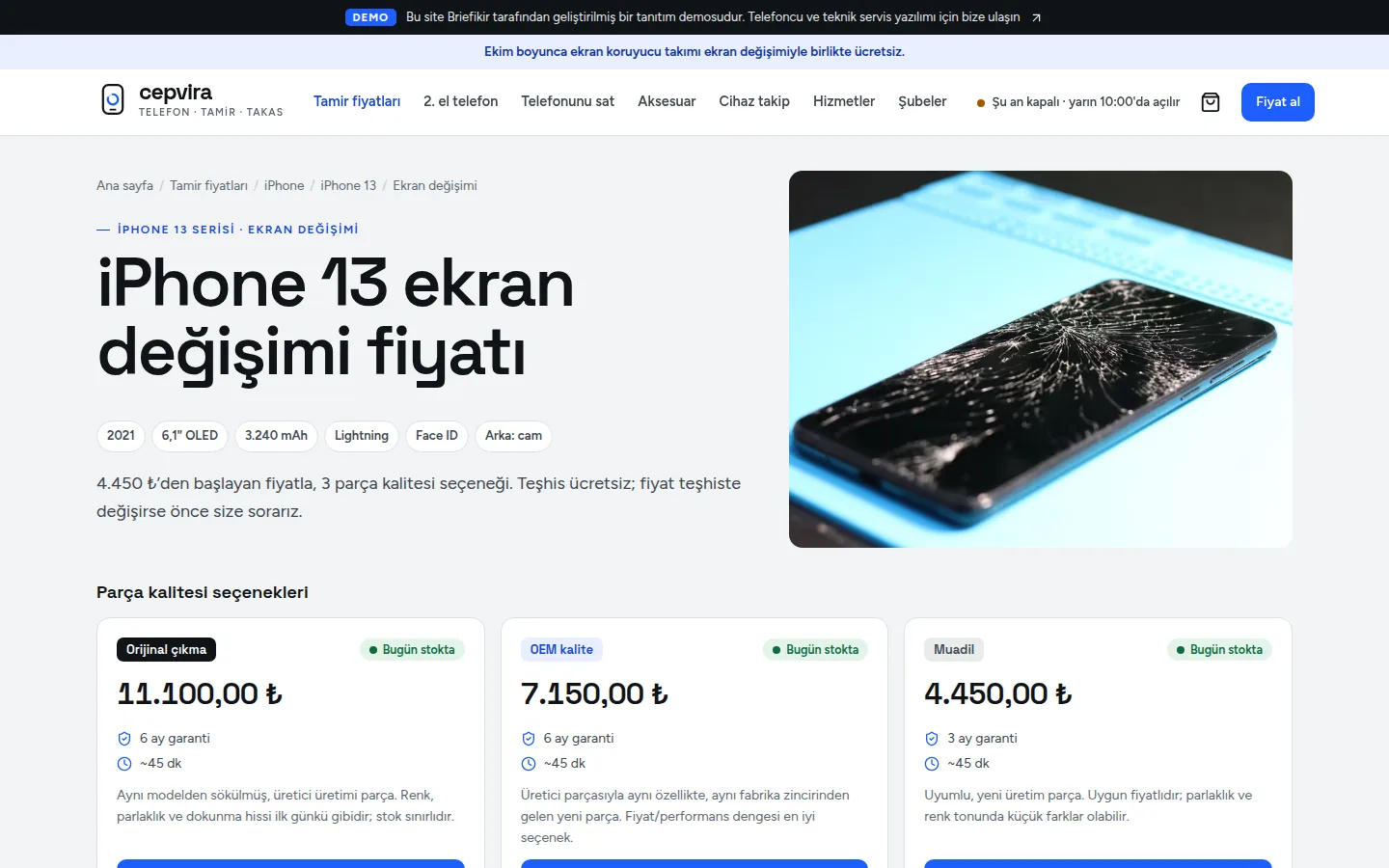 Model × arıza fiyat sayfası: parça kalitesi, garanti, stok
