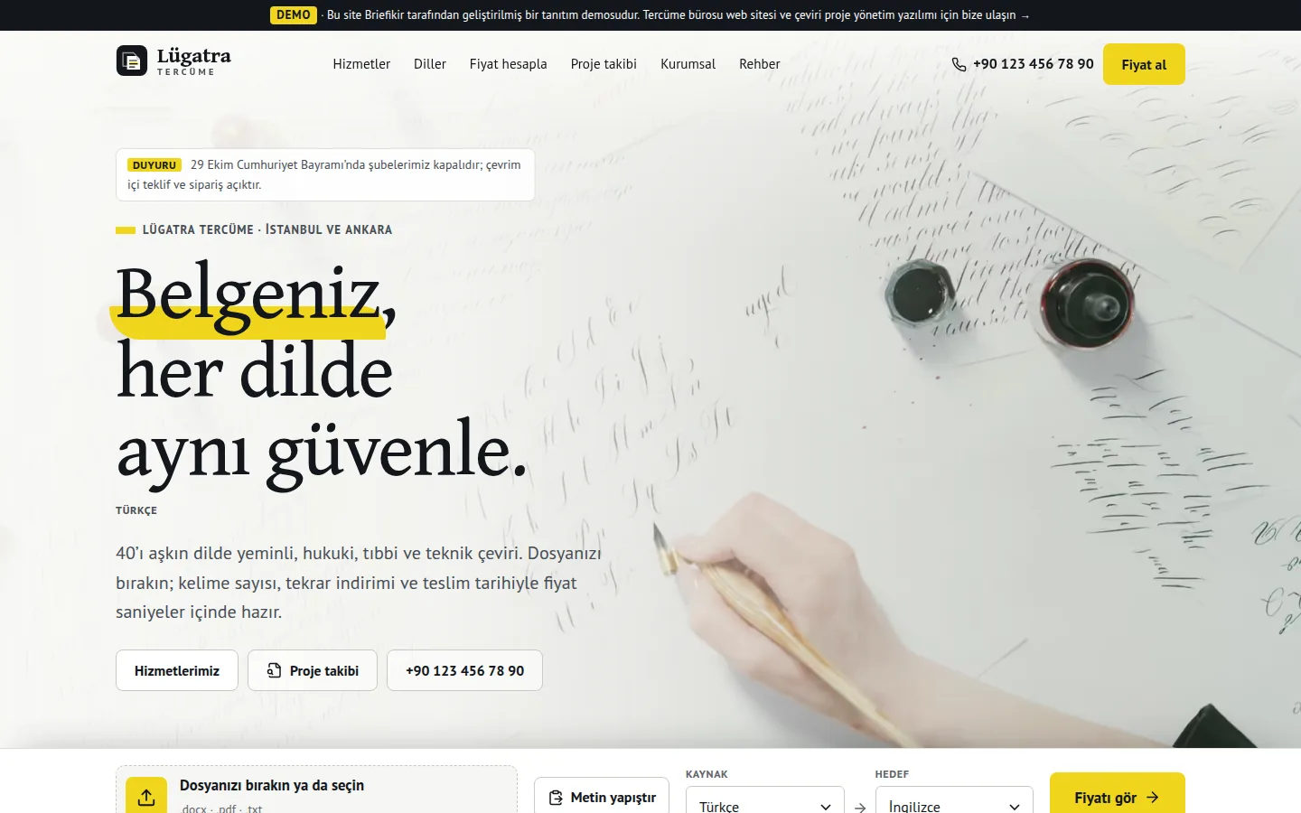 Tercüme Bürosu Web Sitesi + Çeviri Proje Yönetim Yazılımı — masaüstü görünüm