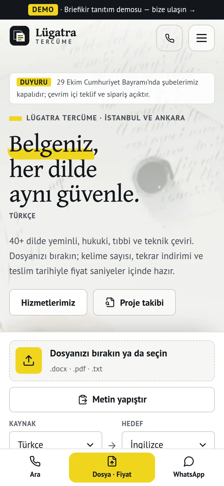 Tercüme Bürosu Web Sitesi + Çeviri Proje Yönetim Yazılımı — mobil görünüm