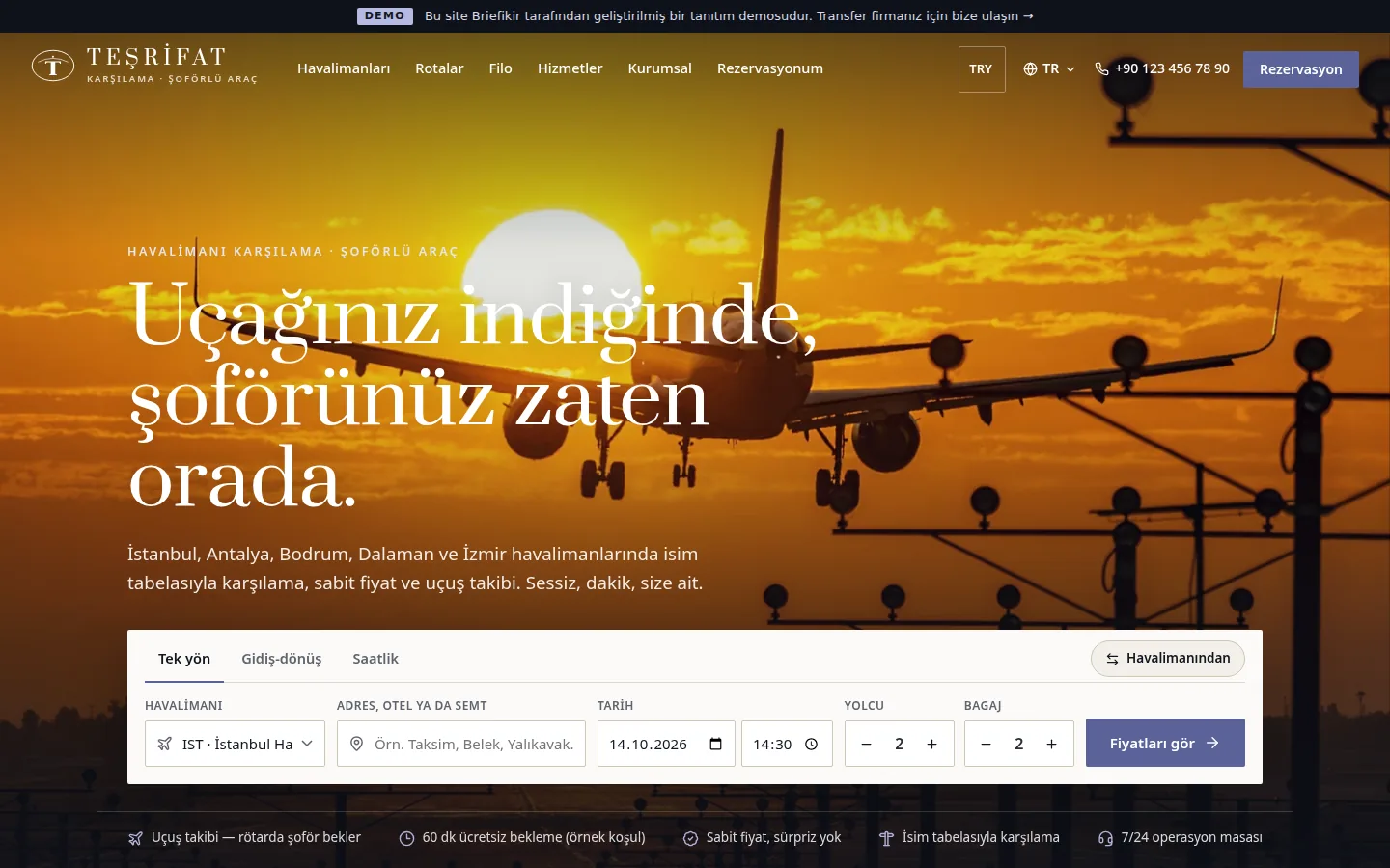 Havalimanı VIP Transfer Web Sitesi ve Rezervasyon Yazılımı — Demo — masaüstü görünüm