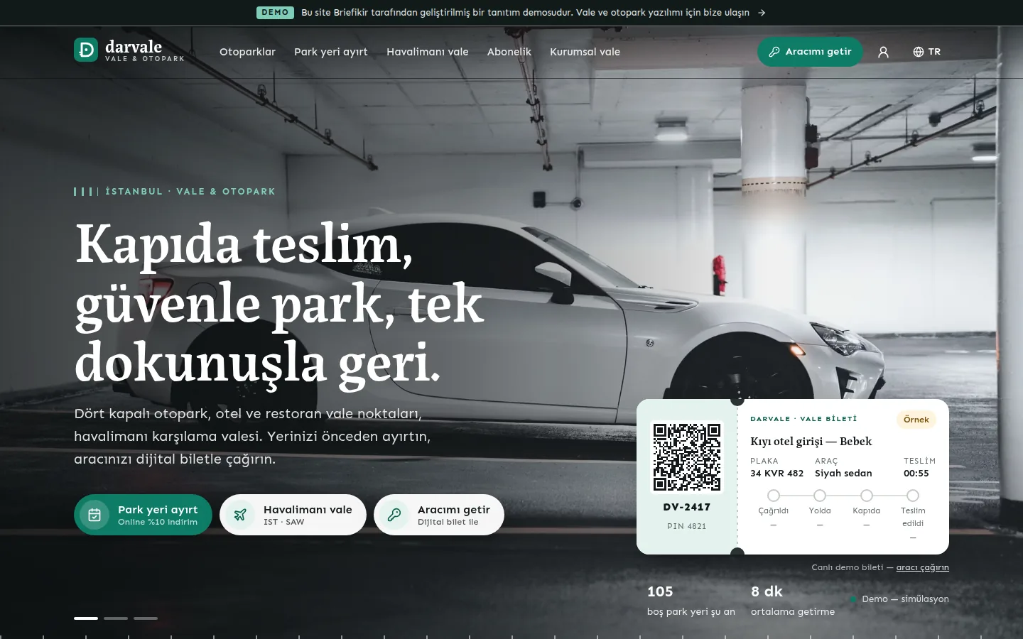 Vale ve Otopark Hizmet Yazılımı ve Web Sitesi — Demo — masaüstü görünüm
