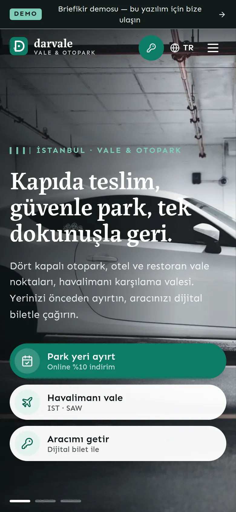 Vale ve Otopark Hizmet Yazılımı ve Web Sitesi — Demo — mobil görünüm
