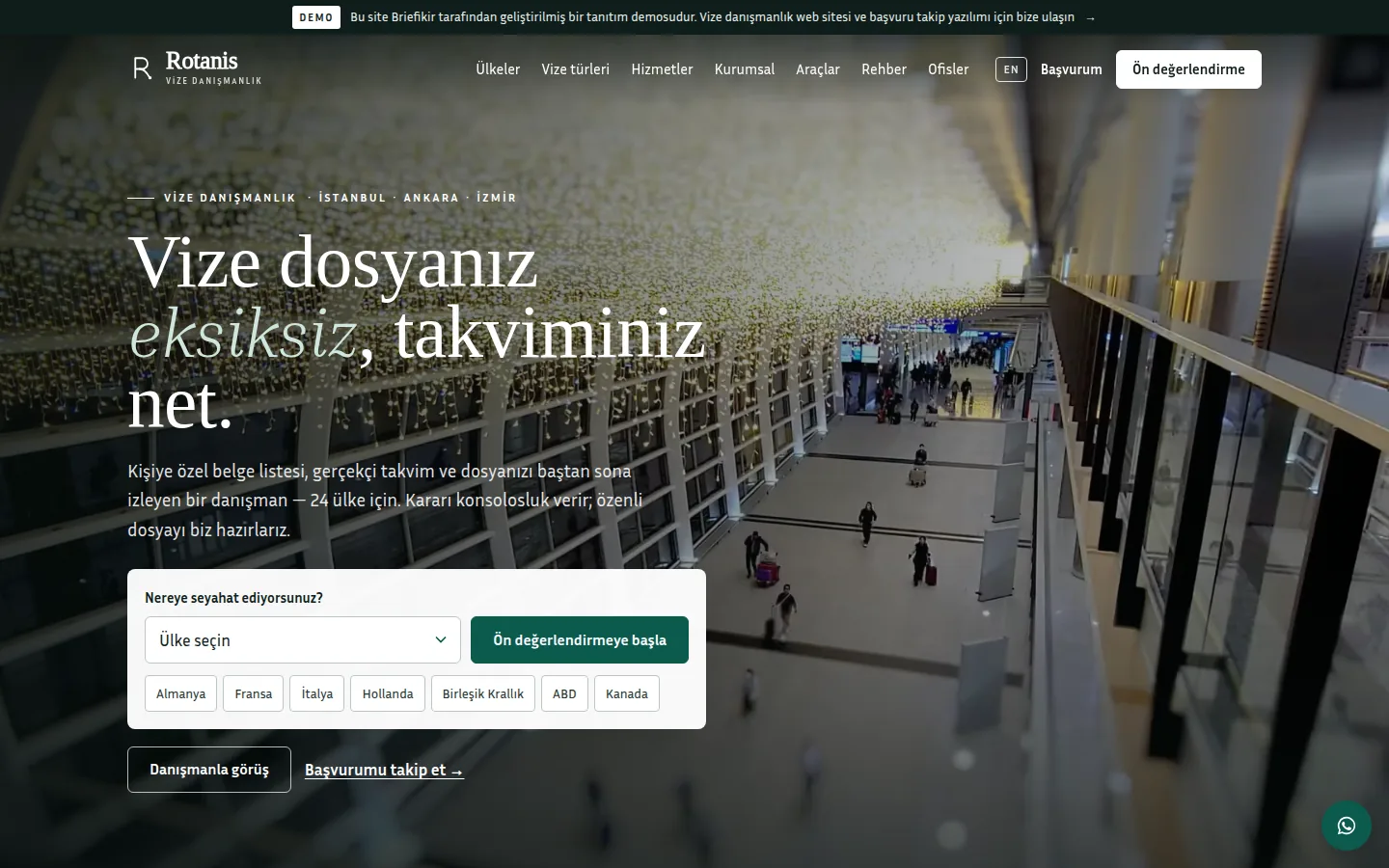 Vize Danışmanlık Web Sitesi + Başvuru Dosya Yönetim Paneli — masaüstü görünüm