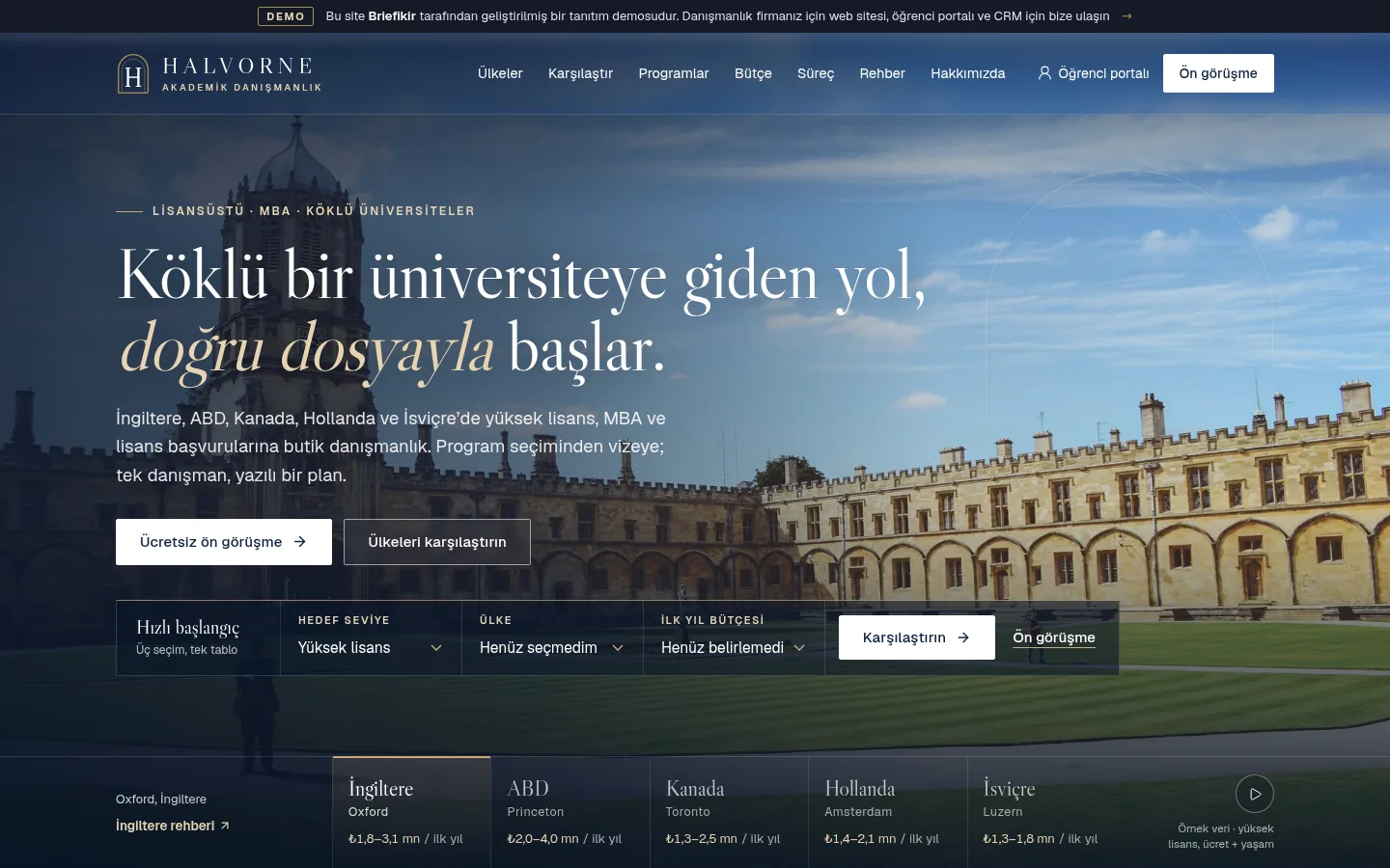 Yurtdışı Eğitim Danışmanlığı Yazılımı — Demo — masaüstü görünüm