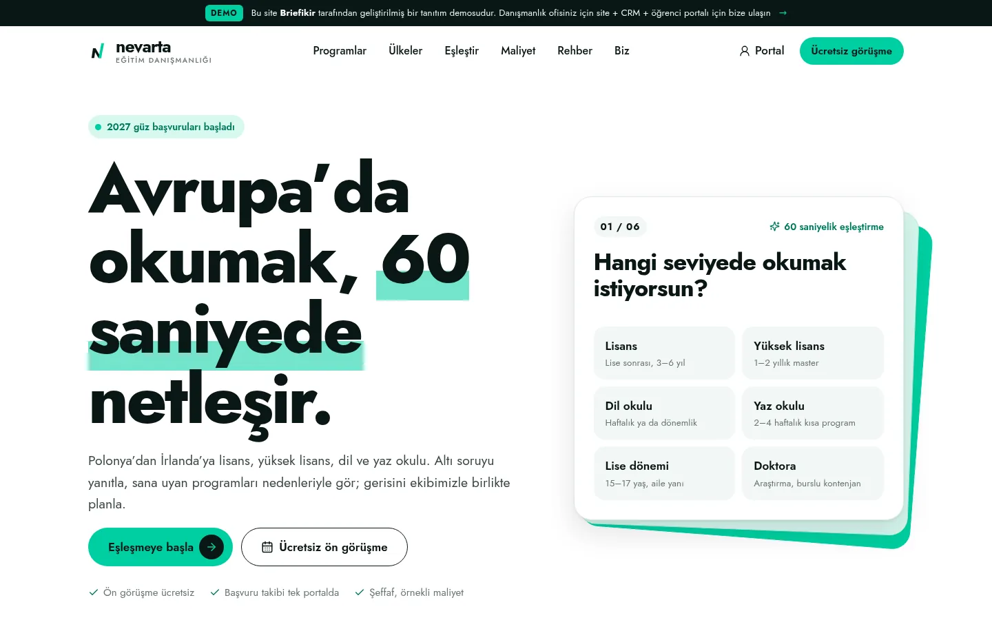 Yurtdışı Eğitim Danışmanlığı Yazılımı — Demo — masaüstü görünüm