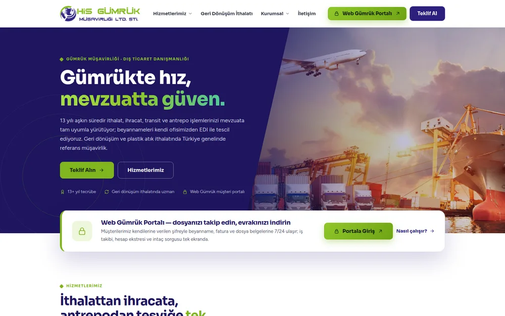 His Gümrük Müşavirliği web sitesi ekran görüntüsü